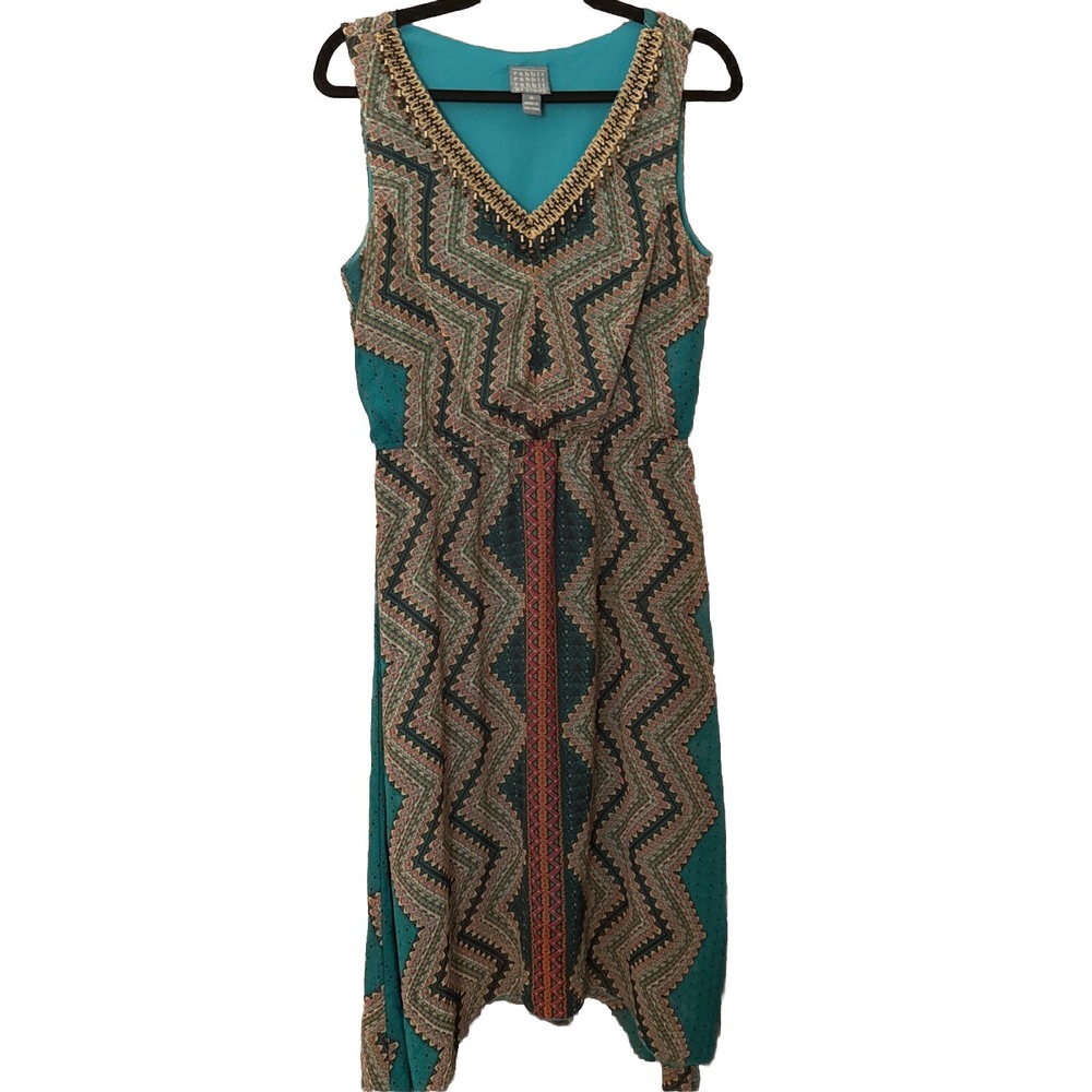 Rabbit Rabbit Rabbit Designs Teal Geometric Zigzag Beaded V-Neck Midi Dress 10
